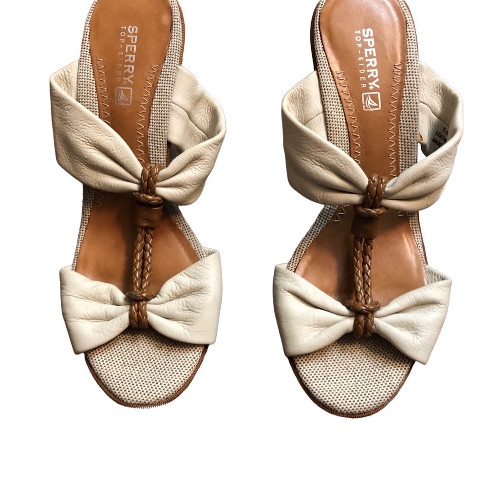 Sperry Topsiders leather braided strap, cork wedge.